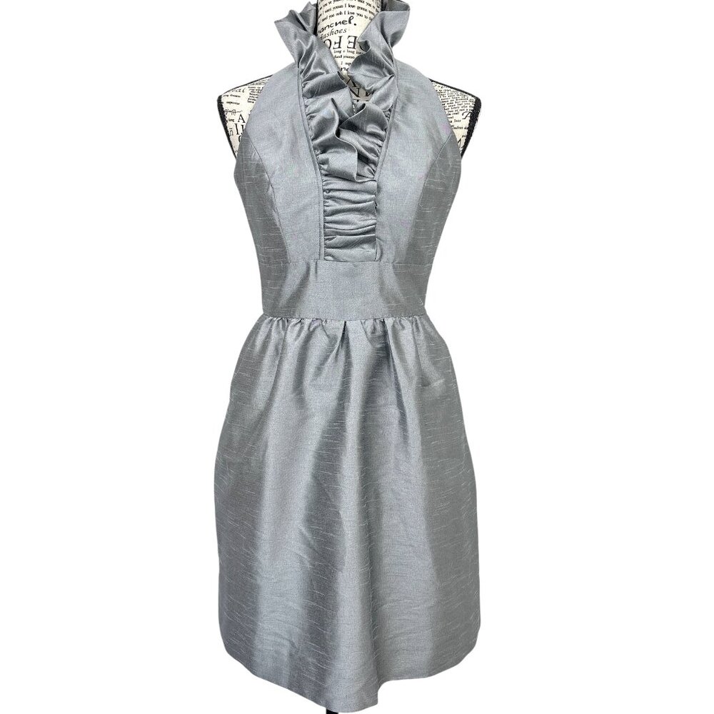 Alfred Sung Women’s Size 0 Silver Gray Halter Cocktail Dress Pockets Ruffle Neck